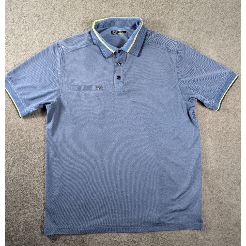 Callaway Shirt Mens Size L Blue and Yellow Strip Golf Polo Performance Pocket